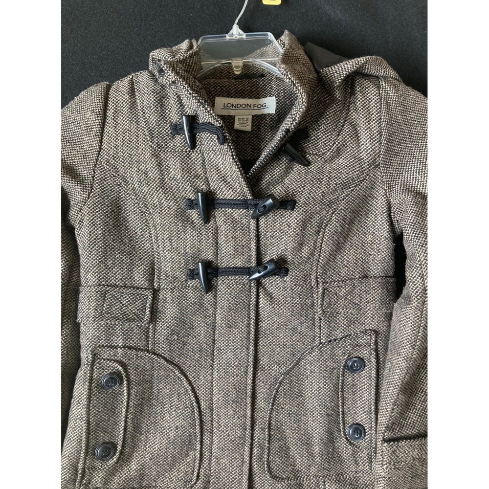 London Fog Girls Brown Tweed Toggle Hooded Coat Jacket Gold Metallic M 10-12 NEW